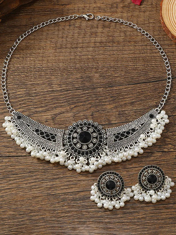 Silver Coated Women's Full Of Pearl Rhinestone Vintage Necklace Earrings Two Piece Set