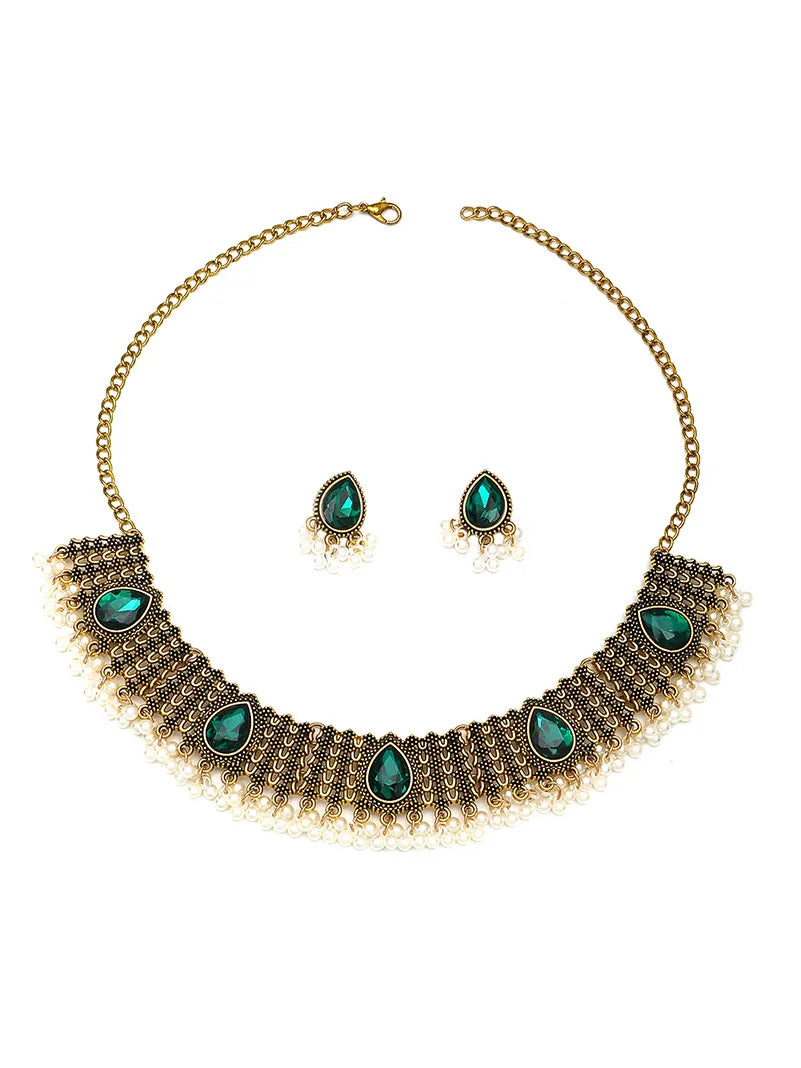 Silver Coated Women's Retro Indian Style Pearl Rhinestone Necklace Earrings Two Piece Set