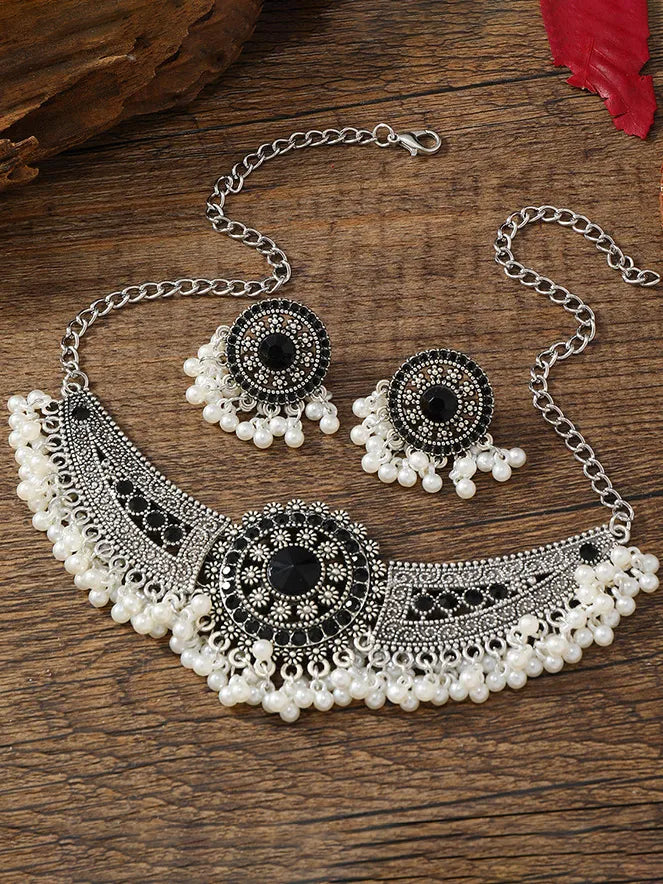 Silver Coated Women's Full Of Pearl Rhinestone Vintage Necklace Earrings Two Piece Set