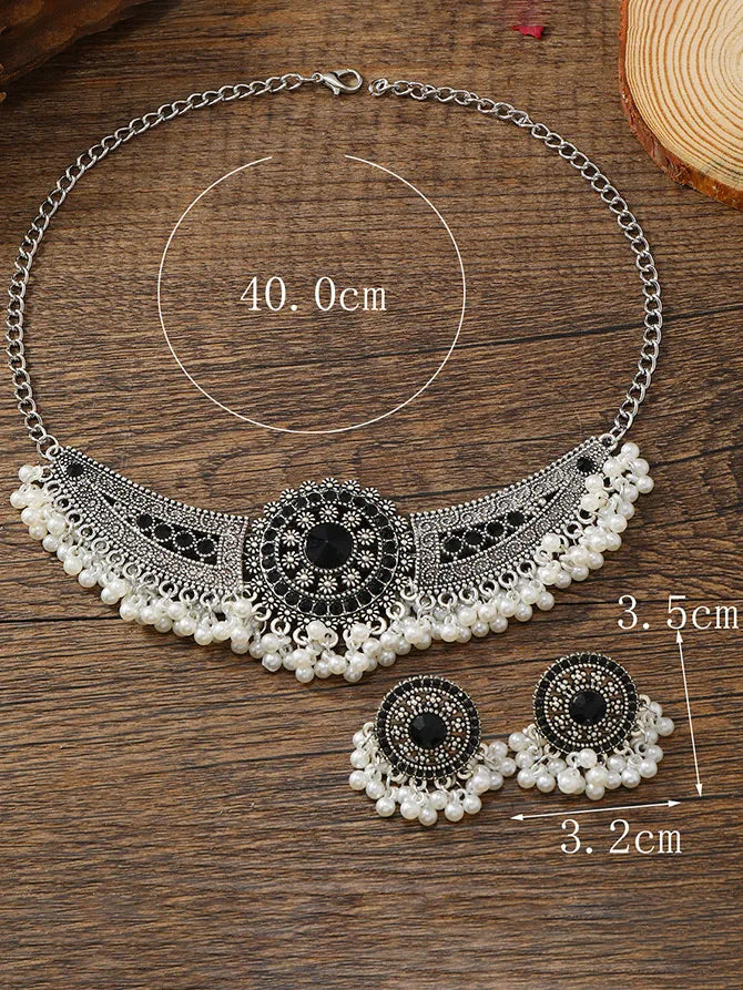 Silver Coated Women's Full Of Pearl Rhinestone Vintage Necklace Earrings Two Piece Set