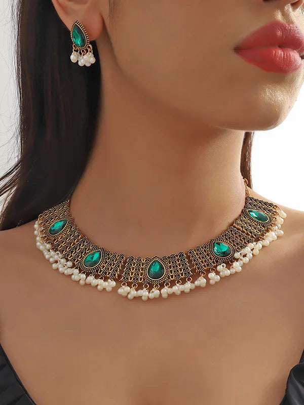 Silver Coated Women's Retro Indian Style Pearl Rhinestone Necklace Earrings Two Piece Set