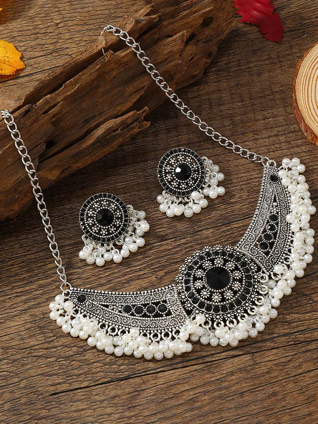 Silver Coated Women's Full Of Pearl Rhinestone Vintage Necklace Earrings Two Piece Set